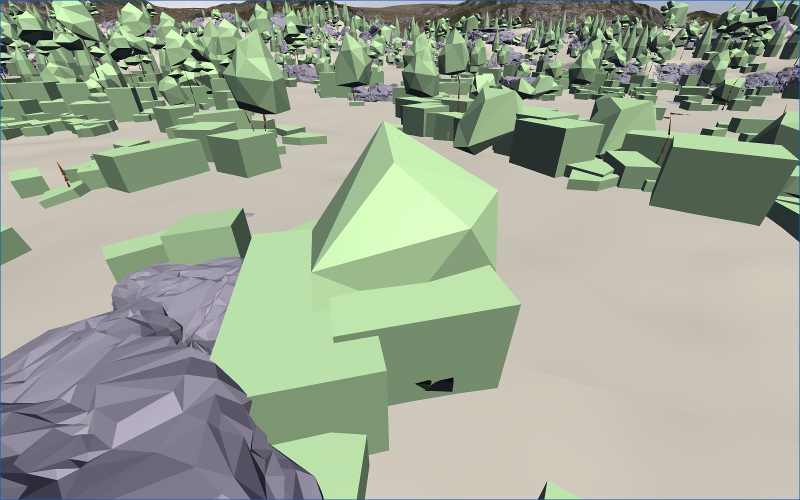 Collision mesh view — low-poly wireframe geometry